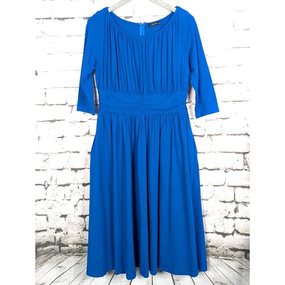 eSHAKTI Fit & Flare Midi Dress Cobalt Blue Classic Boho Cottage Pockets L/XL - Picture 1 of 9